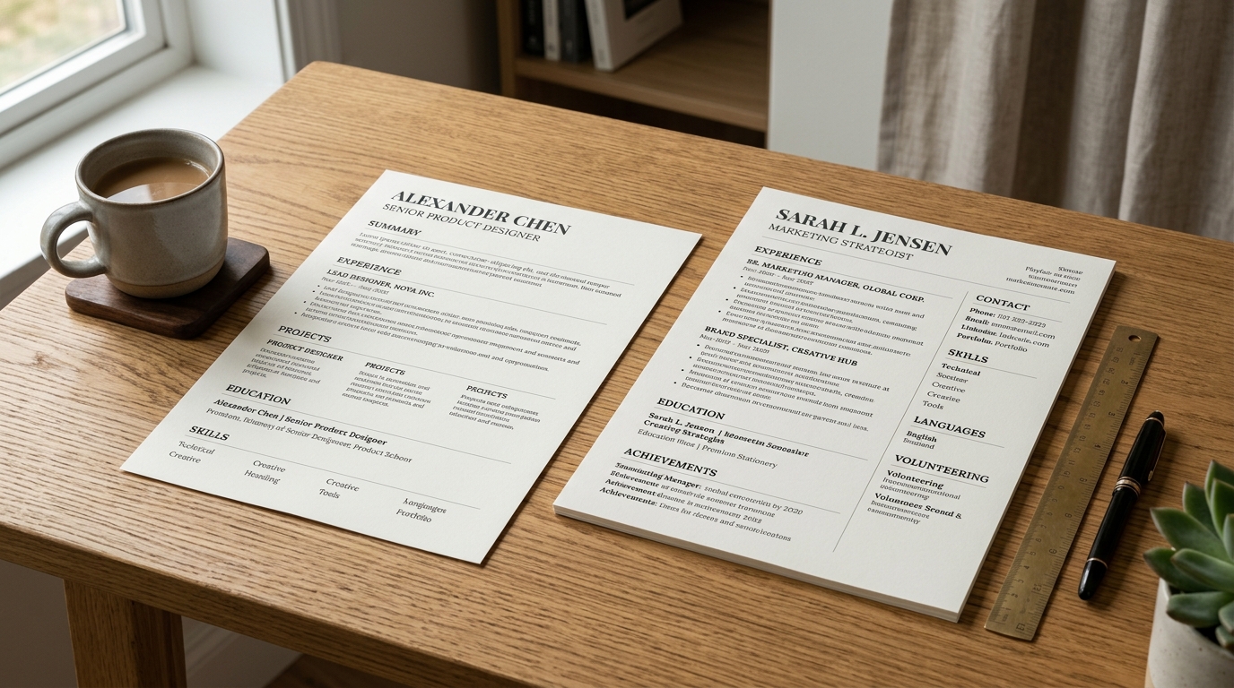 Comparison of single-column and two-column resume design layouts on stationery