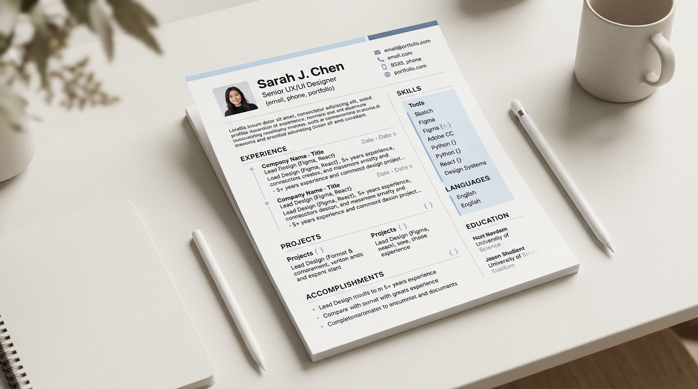 Professional modern CV document layout and summary examples on desk