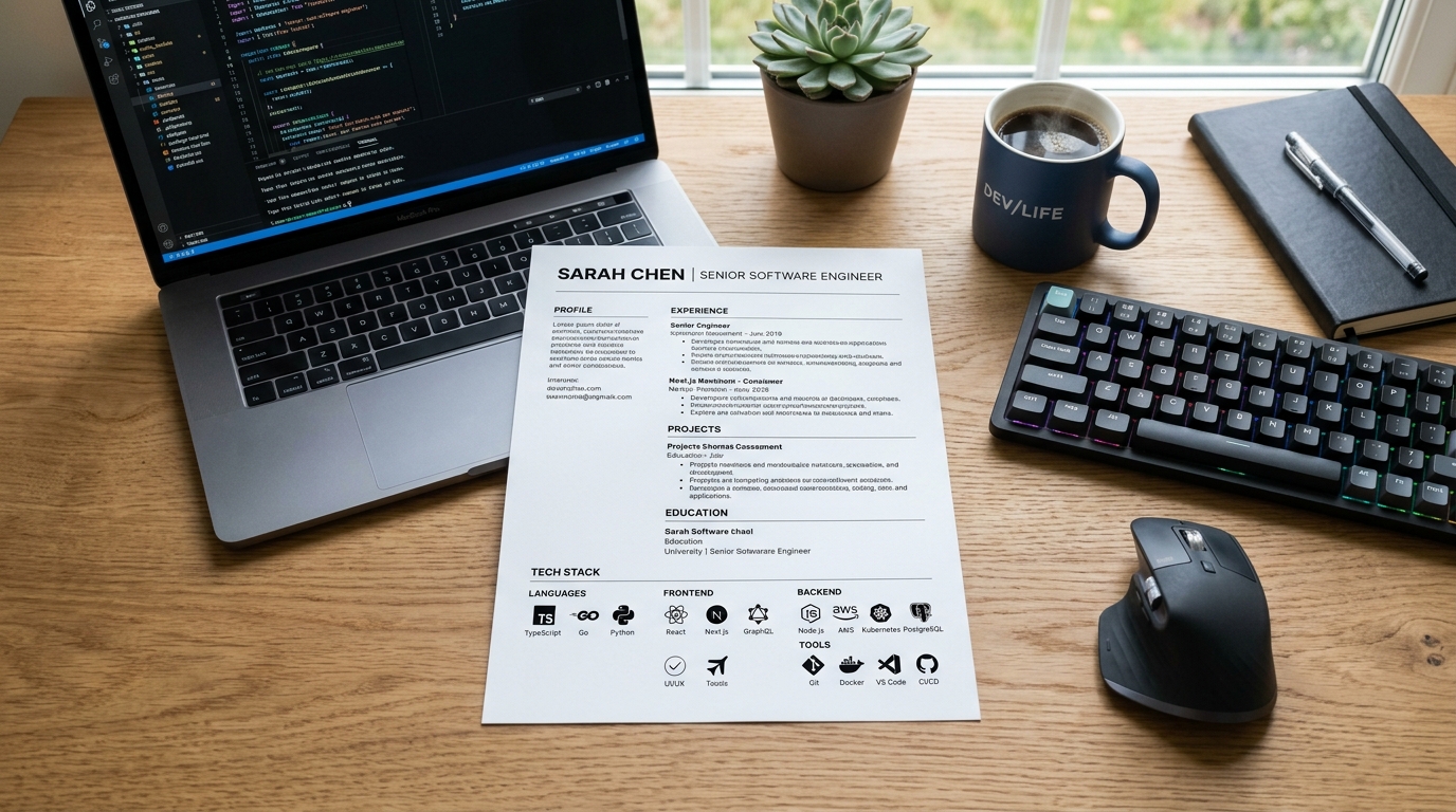 Software engineer and ATS-compliant technical resume layout on modern workspace